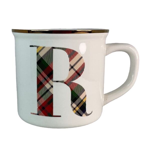 Pottery Barn Plaid/White Letter R Coffee Cup Alphabet Initial Monogram Stoneware - Picture 1 of 11